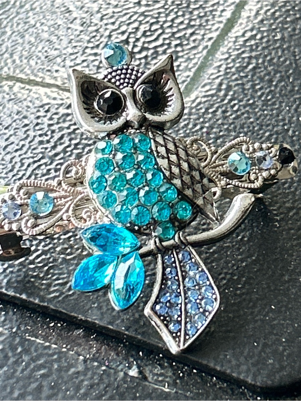 Silver Owl with Turquoise and Blue Crystals hair barrett Jewelry